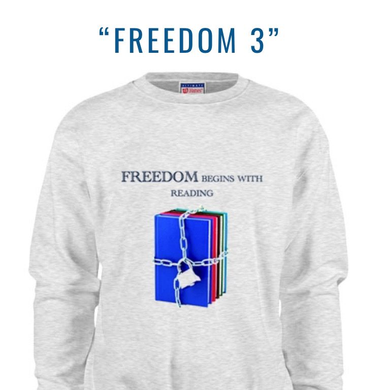 Gray sweatshirt with a blue gift box and 'Freedom 3' text design.